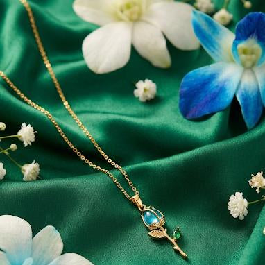 Gold Blue Rose Pendant Necklace