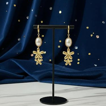 Gold Pearl Flower Drop Earrings