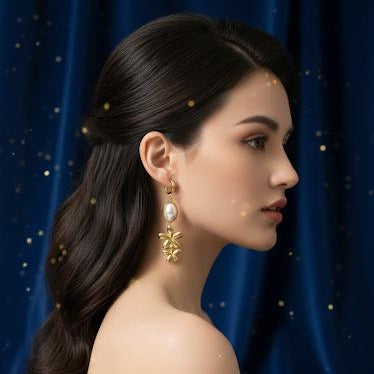 Gold Pearl Flower Drop Earrings