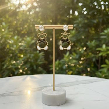 Gold Teddy Bear Pearl Earrings