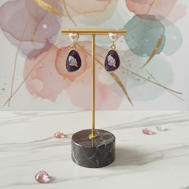 Purple Rose Pearl Heart Earrings