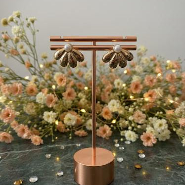 Gold Petal Fan Pearl Stud Earrings