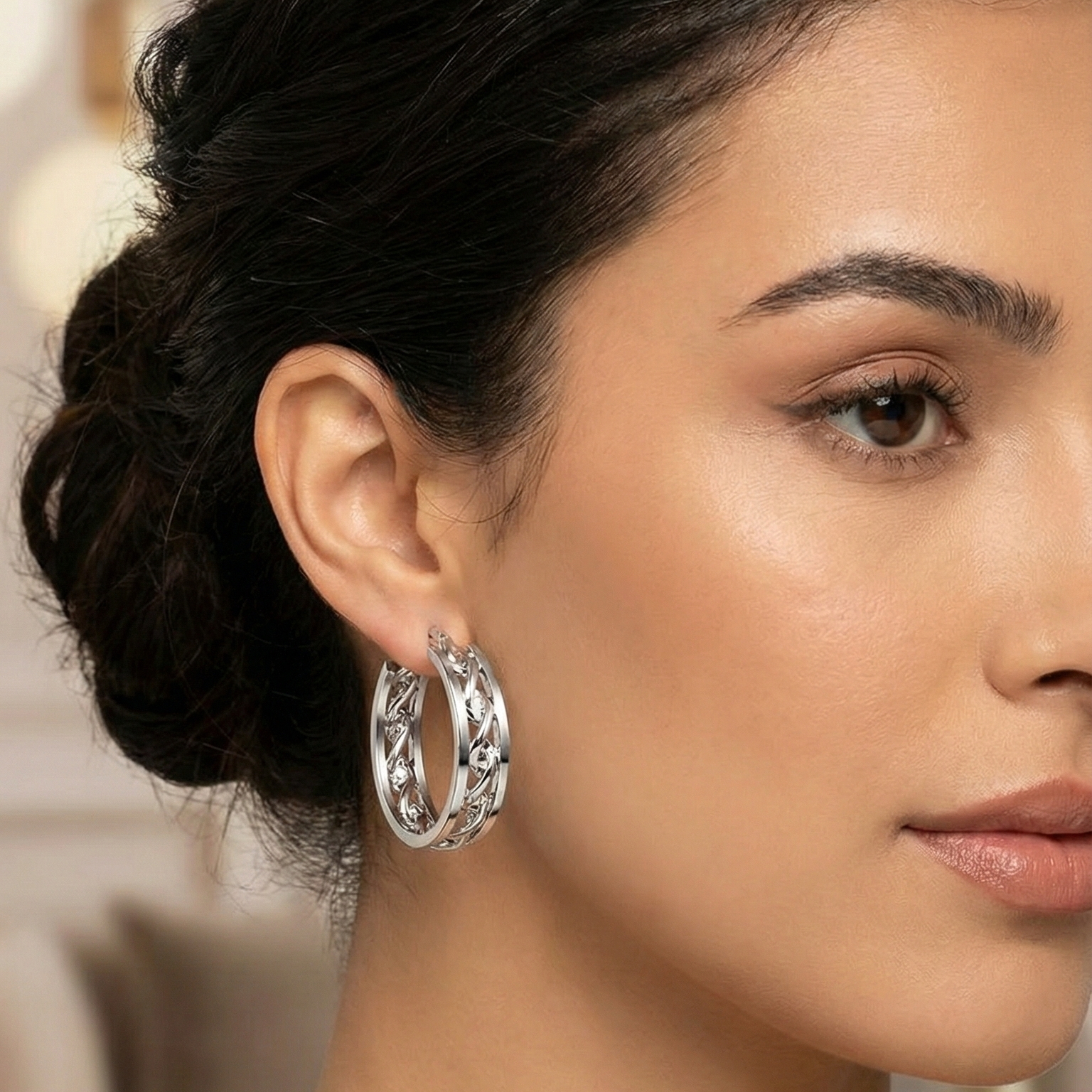 Silver Braided Leaf Hoop Earrings