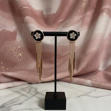 Black Floral Crystal Tassel Earrings