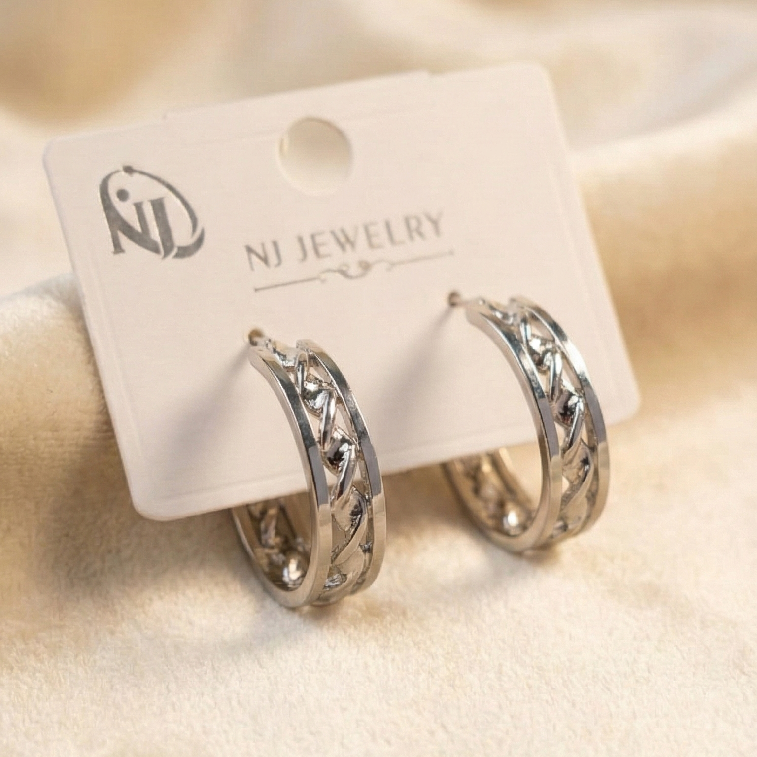 Silver Braided Leaf Hoop Earrings