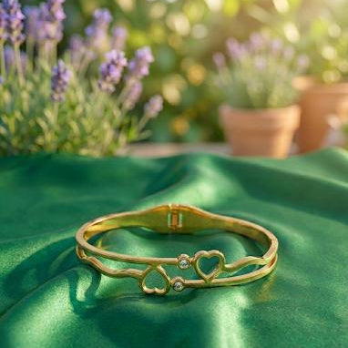 Gold Heart & Clover Crystal Bangle